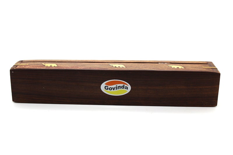 GovindaÂ® Wooden Coffin Incense Burner - 12" Elephant - Brass Inlays - Storage Compartment - Image 2